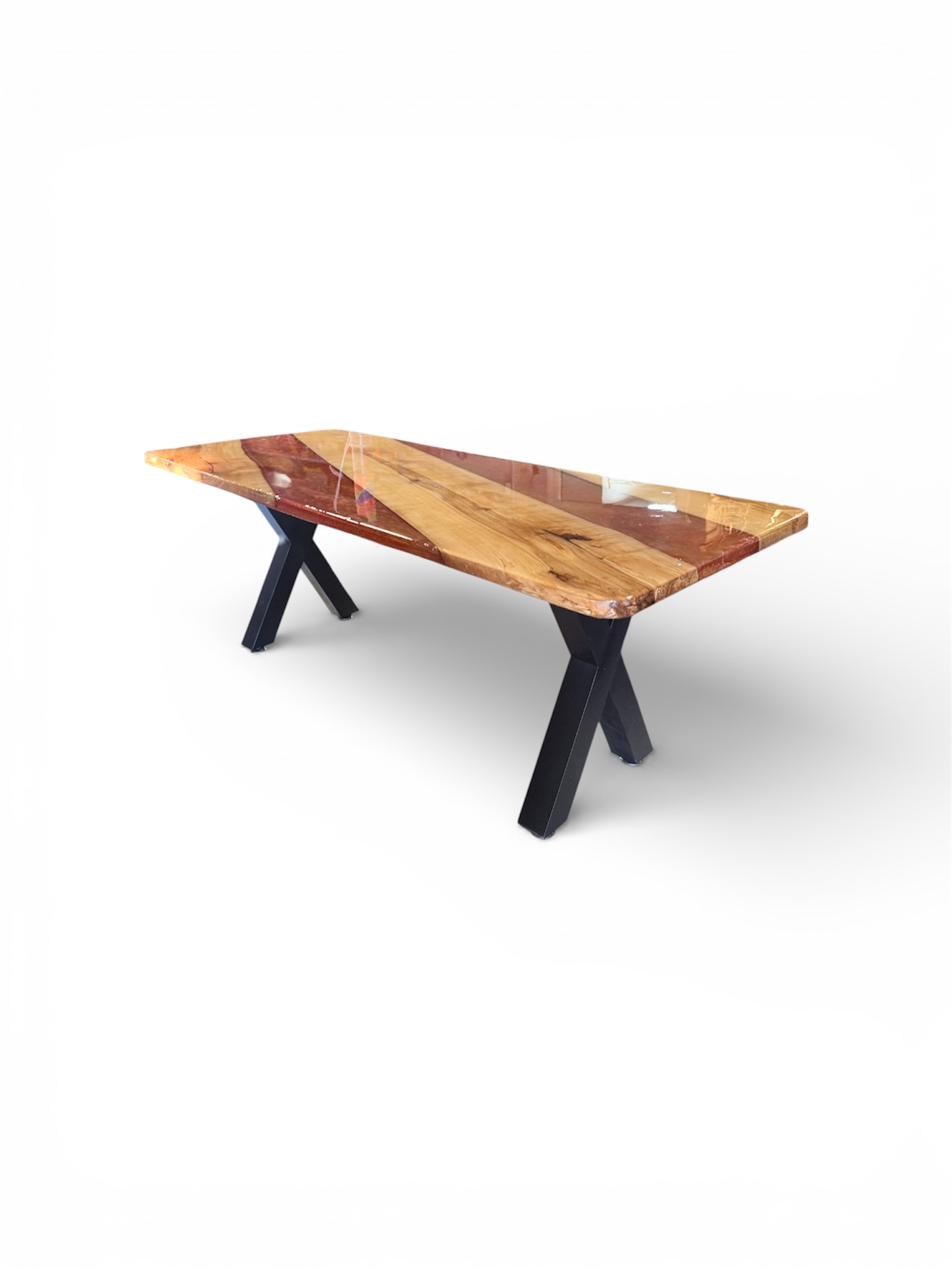 Custom live-edge epoxy river dining table with steel X-base legs