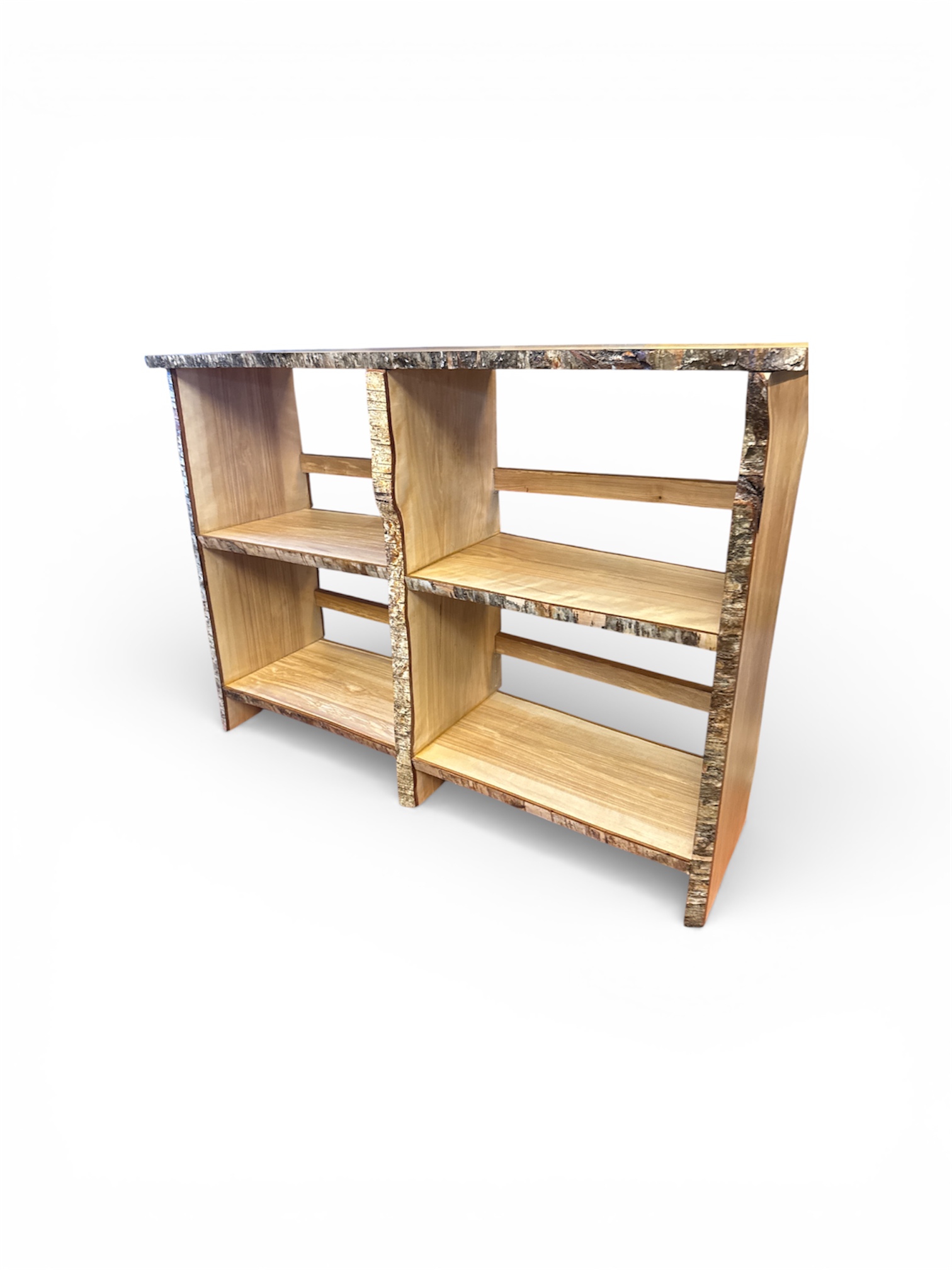 Natural birch bark live-edge shelving unit